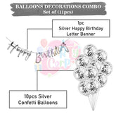 PartyCorp Happy Birthday Decoration Kit Combo 11 Pcs - Silver Confetti Balloon, Silver Happy birthday Alphabets Cut Out Banner
